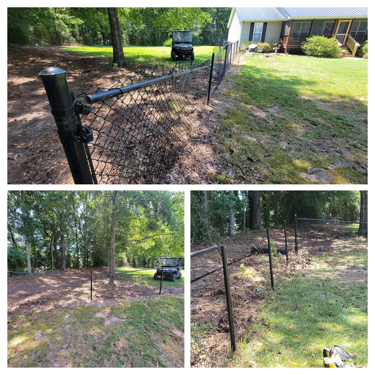 Black chain-link fence damaged by a fallen tree near Susan Moore and Blountsville Alabama