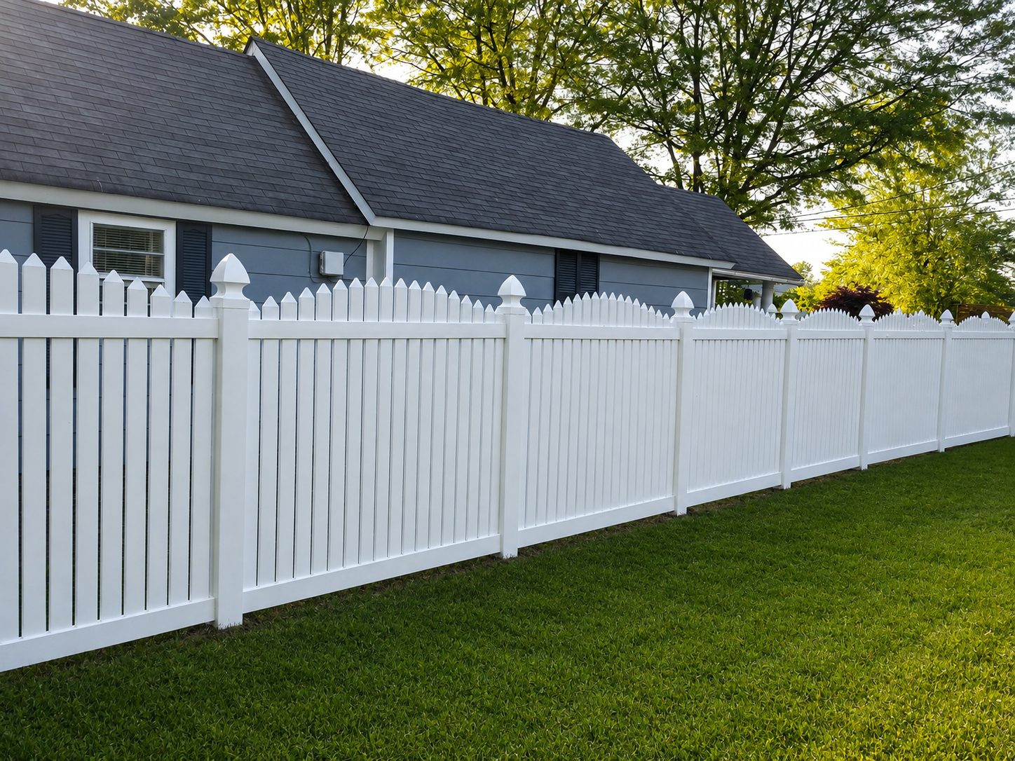 White vinyl decorative privacy fence installation in North Alabama by Hooks Fence Company